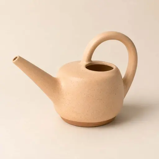 A compact speckled apricot ceramic watering can with an arch handle and open spout.