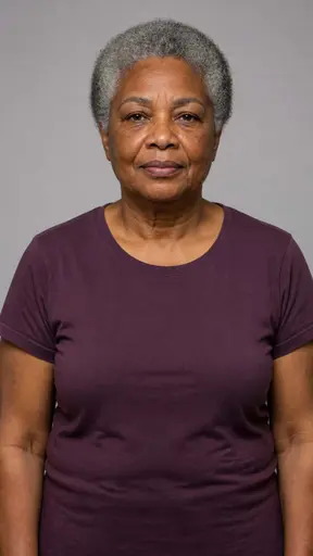 A single neutral frontal portrait of Inez, an older woman with short silver coils and deep warm-brown skin, wearing a plain muted plum T-shirt against a soft gray background.