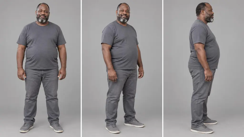 Three-view body-reference sheet generated from a synthetic full-body phone photo of Tunde, a fictional adult