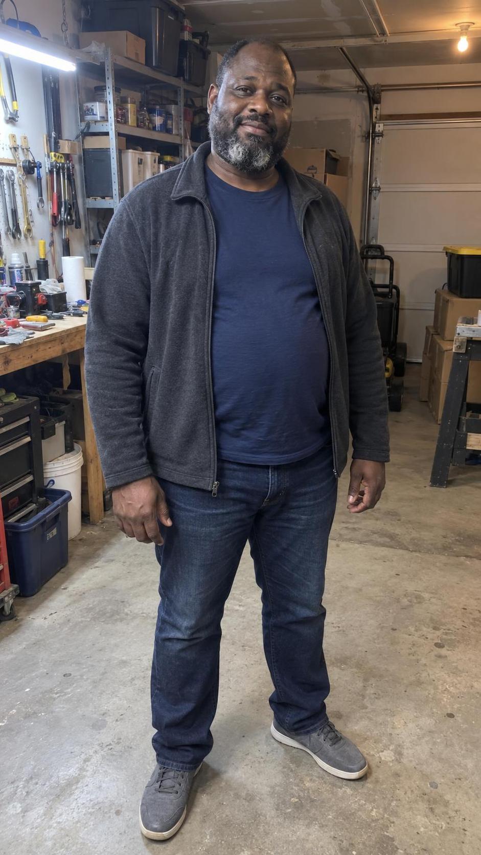 Synthetic full-body phone photo of Tunde, a fictional adult, used to generate the body-reference sheet