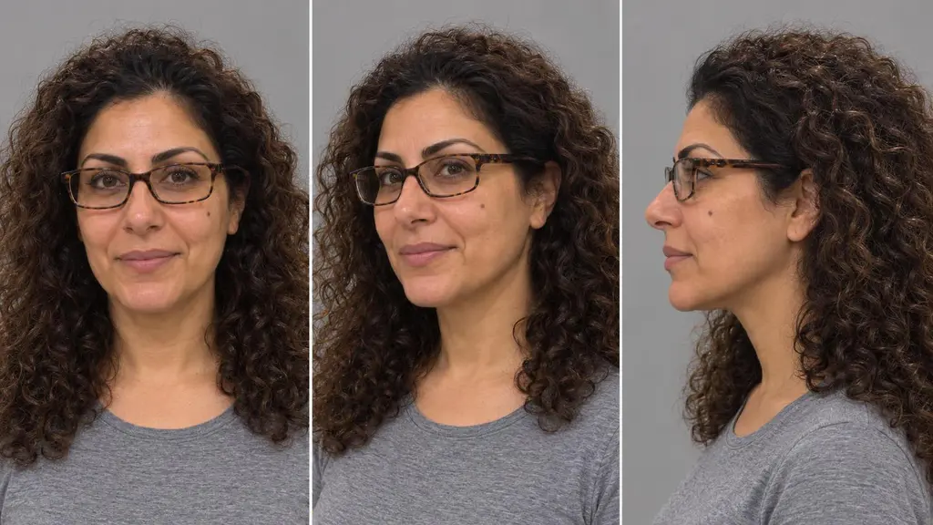 Three-view face-reference sheet generated from a phone photo of a fictional adult (Farida)
