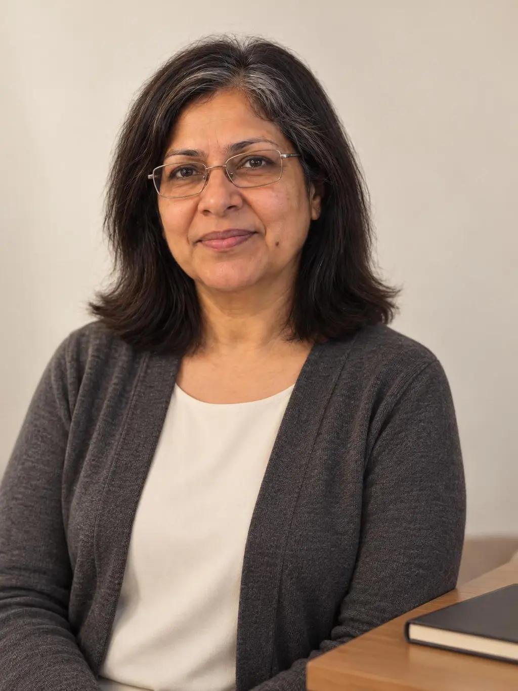 Generated sample: Priya, a fictional adult in a charcoal cardigan over a cream blouse, glasses and a closed plain ledger staged on a small table. Waist-up portrait against a plain backdrop, not a real business or workplace.
