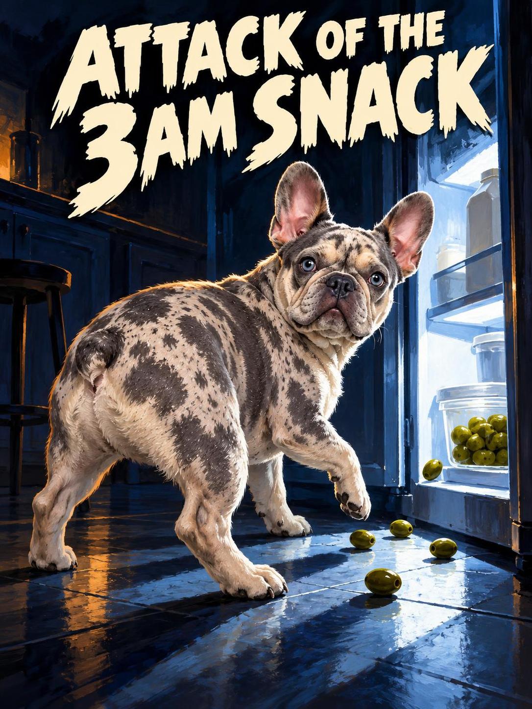 AI-made sample funny poster painted as a schlocky midnight-movie cover: Mola, a spotted dog from the sample cast, glances back guiltily from an open glowing refrigerator in a dark kitchen as green olives roll across the tiles, under the title ATTACK OF THE 3AM SNACK. Demonstration image.