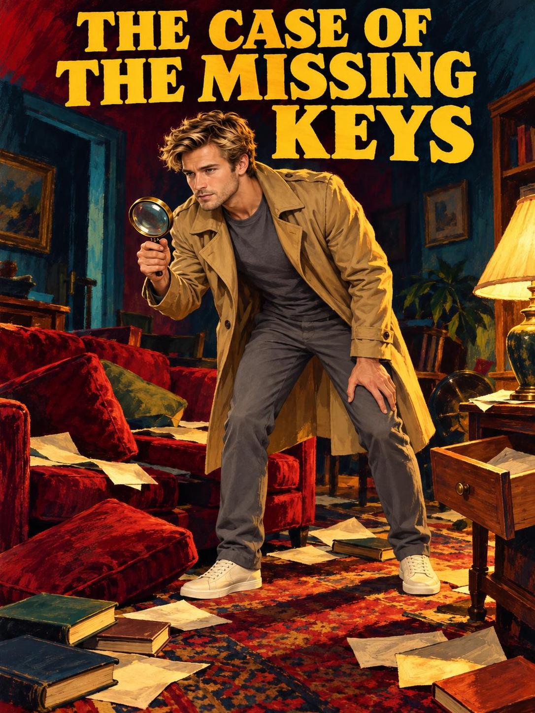 AI-made sample funny poster painted as a lurid pulp detective cover: Allo in a tan trench coat peers through a magnifying glass across a ransacked living room with a red velvet sofa, scattered papers and an open drawer, under the title THE CASE OF THE MISSING KEYS. Demonstration image of a fictional sample cast member.