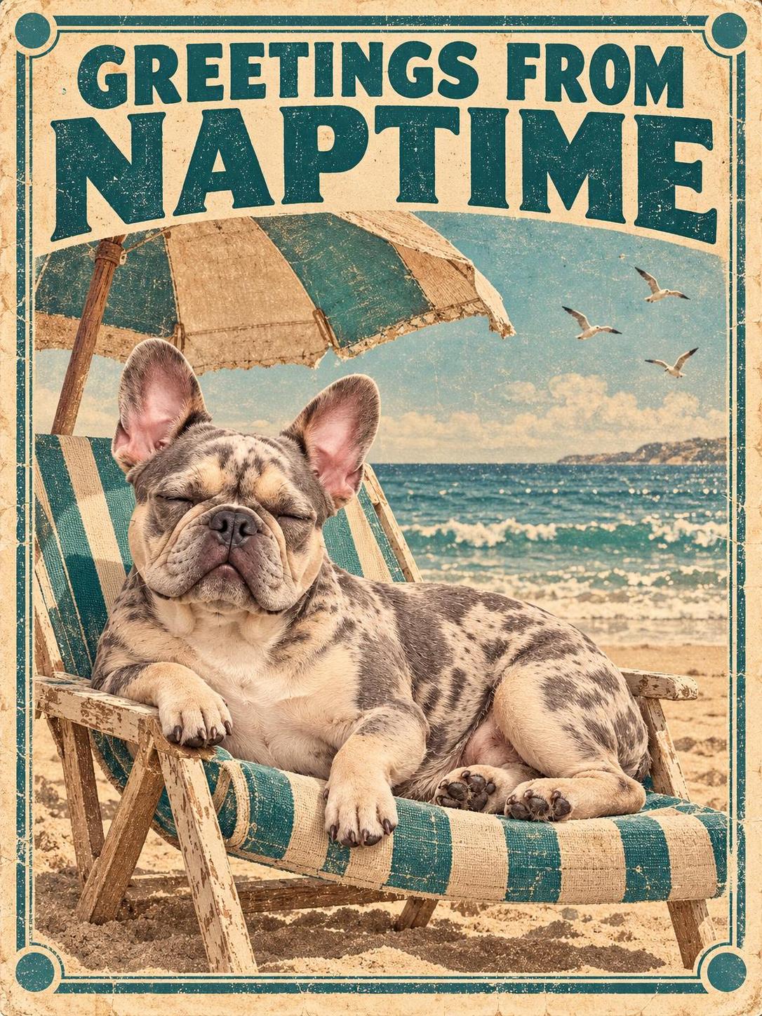 AI-made sample funny poster styled as a faded vintage seaside postcard: Mola, a spotted dog from the sample cast, dozes in a striped wooden beach chair under a tilted umbrella with seagulls over the surf, under the headline GREETINGS FROM NAPTIME. Demonstration image.