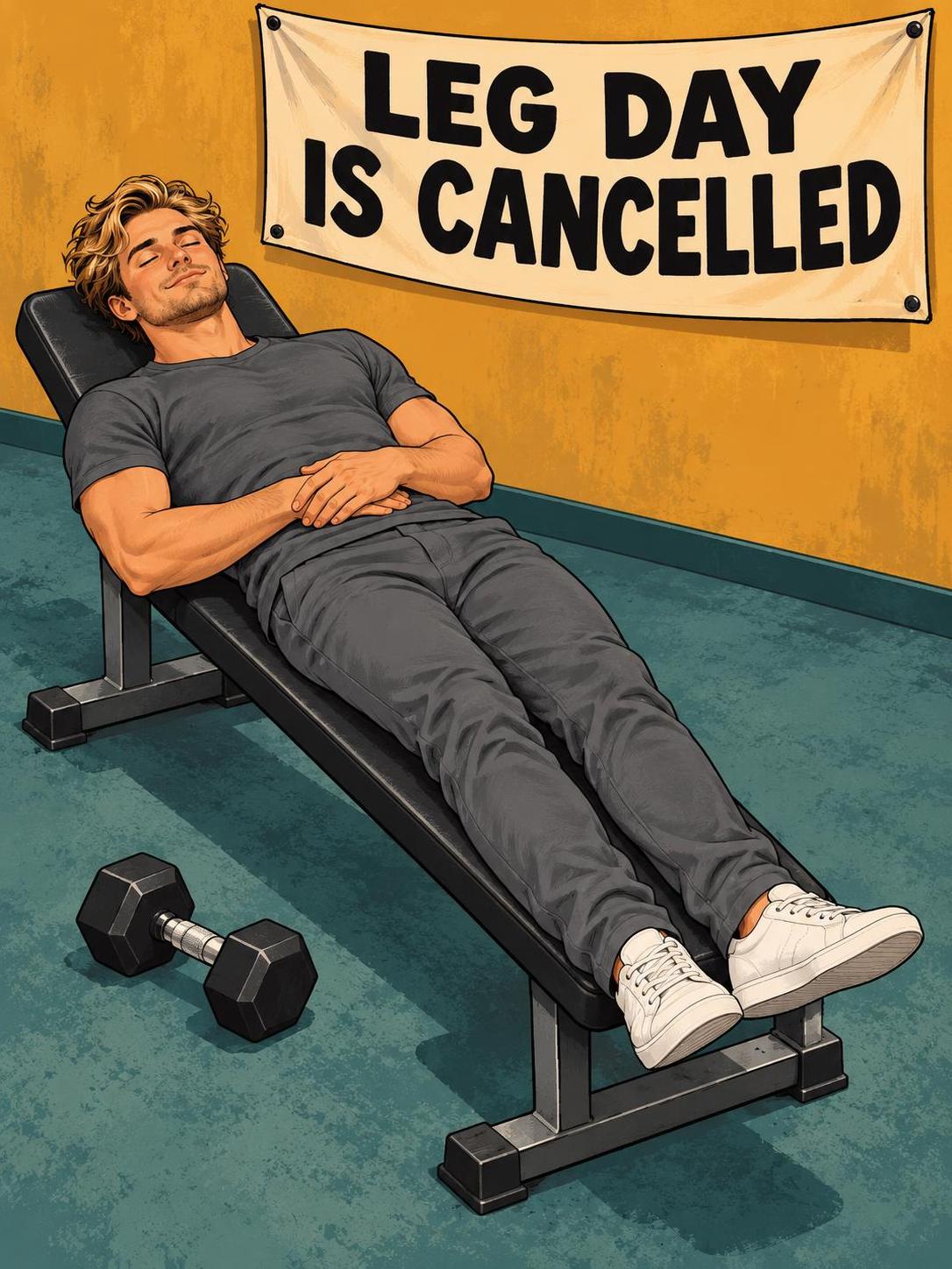 AI-made sample funny poster in a bold graphic cartoon look: Allo naps contentedly on a tilted black weight bench with a dumbbell forgotten on the teal floor, beneath a cream cloth banner reading LEG DAY IS CANCELLED. Demonstration image of a fictional sample cast member.