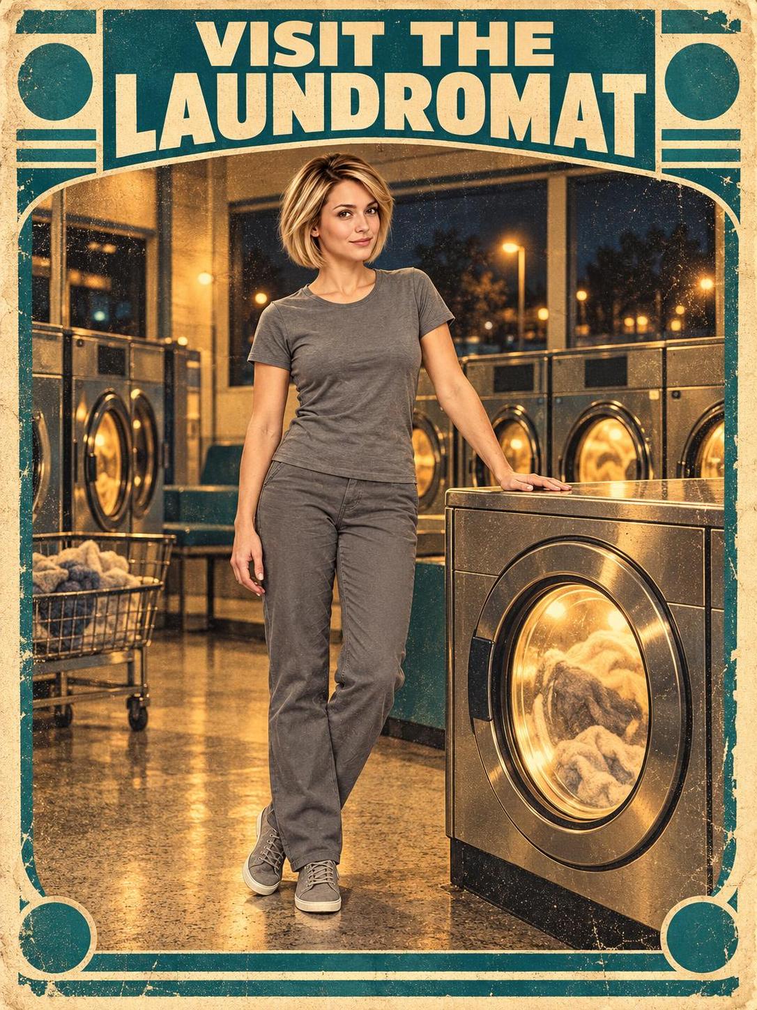 AI-made sample funny poster styled as a worn vintage travel poster: Sema stands proudly beside a large front-loading dryer in a lamp-lit laundromat at night, inside a teal frame with round corner medallions, under the headline VISIT THE LAUNDROMAT. Demonstration image of a fictional sample cast member.