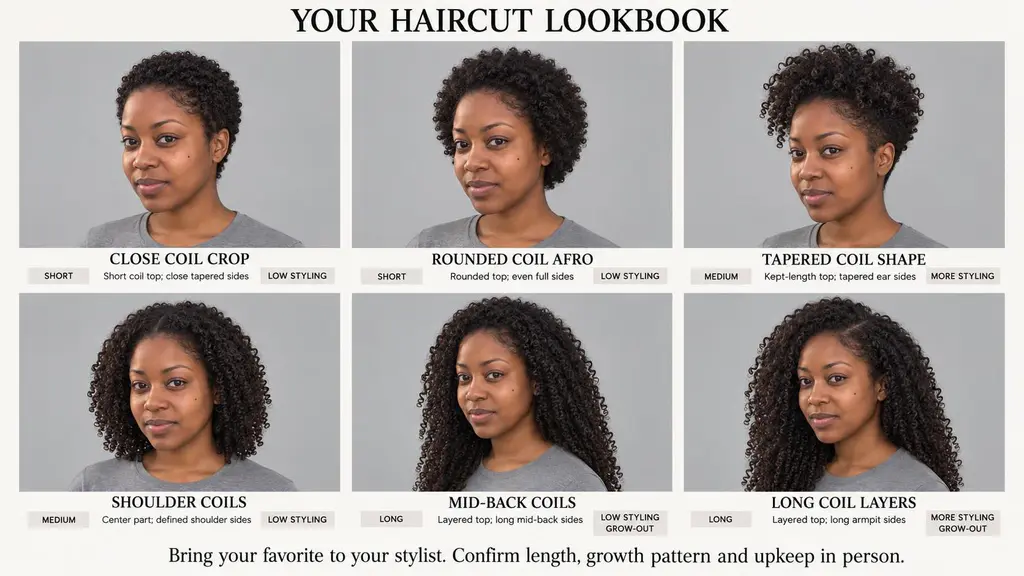Generated sample: fictional adult Zuri in a labeled six-panel haircut lookbook comparing lengths and daily styling effort.