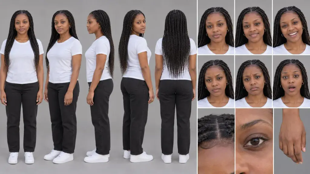 Generated sample: identity reference sheet of a fictional woman on a park path, five body views, six expressions and three close details (display only).