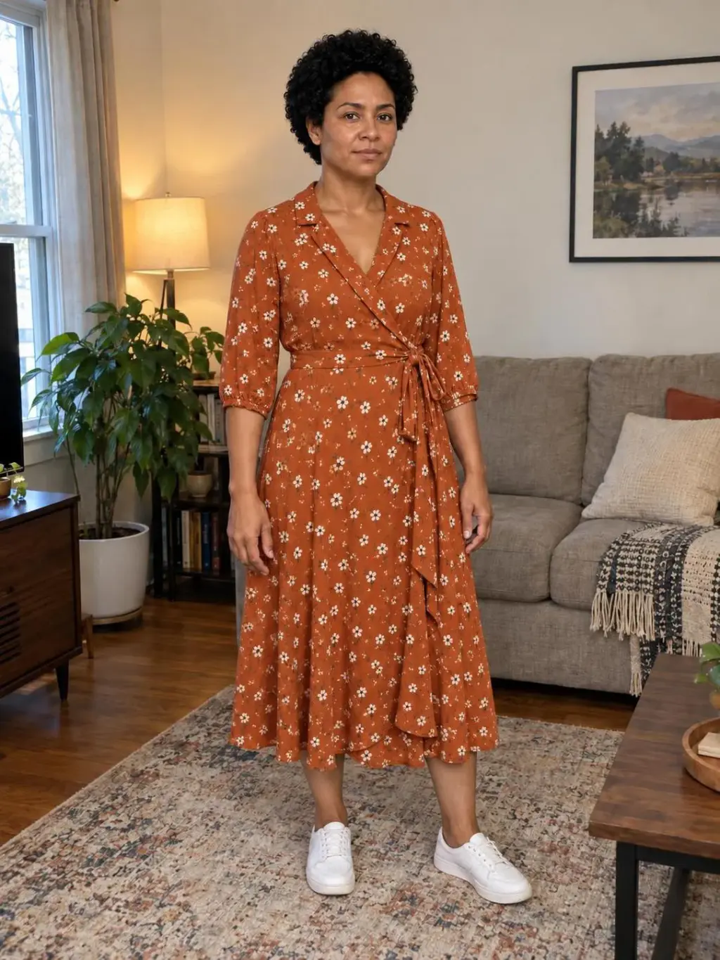 Generated sample: Mara wearing the referenced burnt-orange floral wrap dress, full length in her living room.