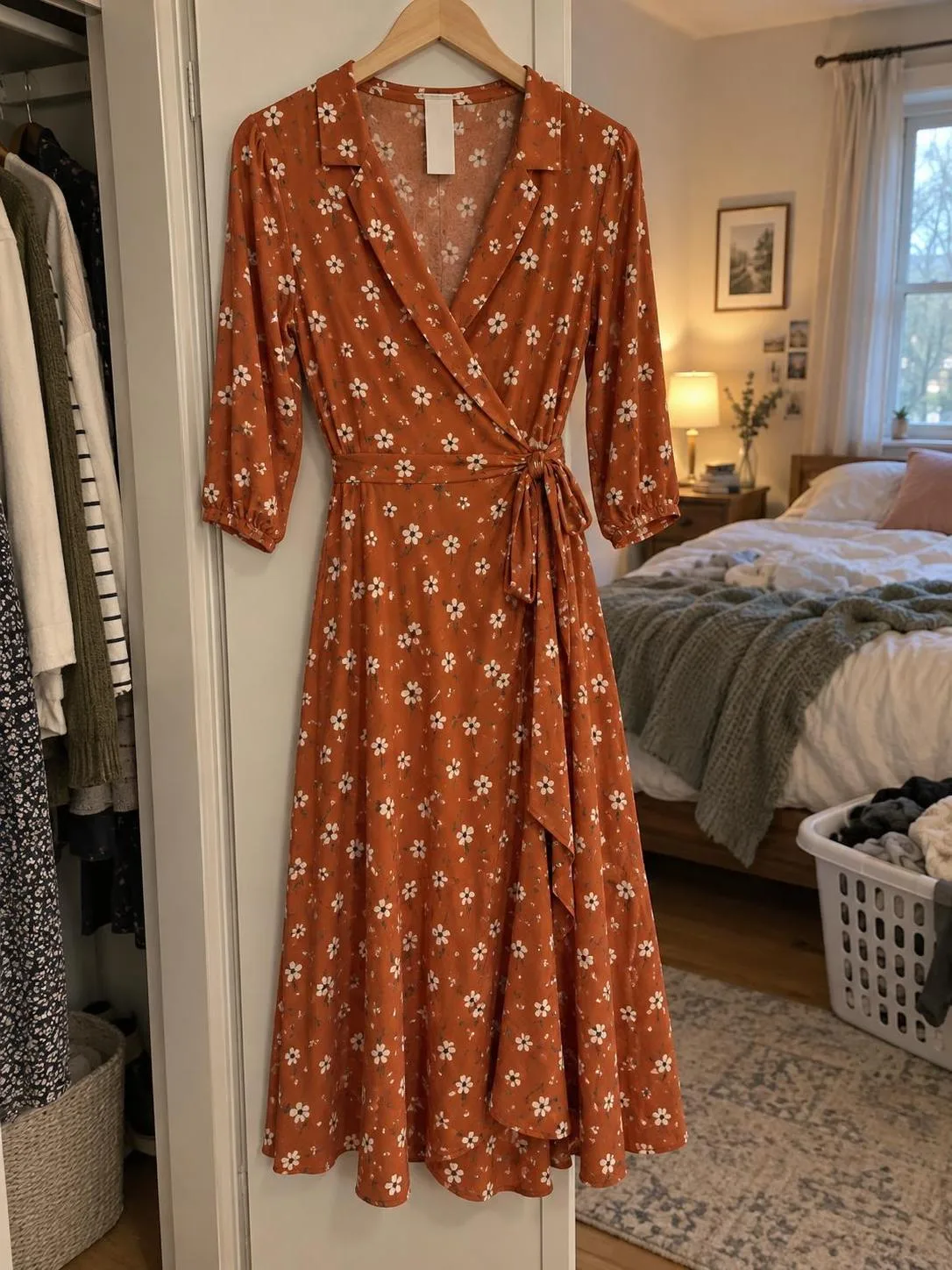 Burnt-orange floral wrap dress phone-style photo (generated): on a wooden hanger in a bedroom