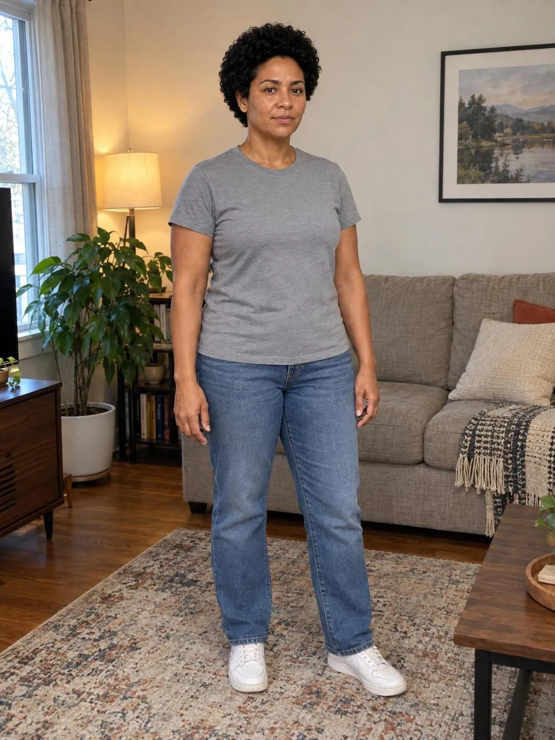 Mara phone-style source photo (generated): full length at home in a gray T-shirt and jeans