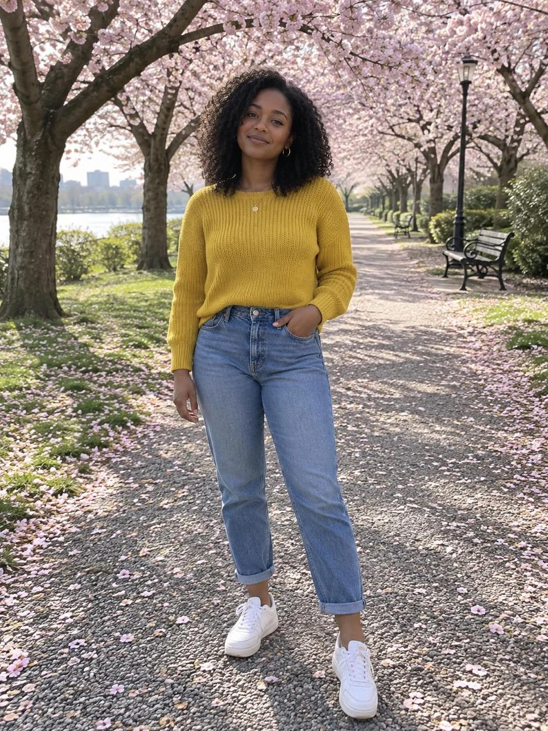 Generated phone-style source photo of a fictional woman in a cherry blossom park (display-only sample).
